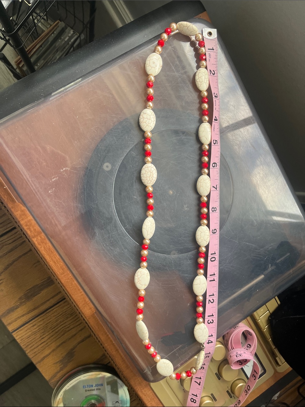 Cream and Red Beaded Long Necklace - Unbranded - Picture 4 of 4